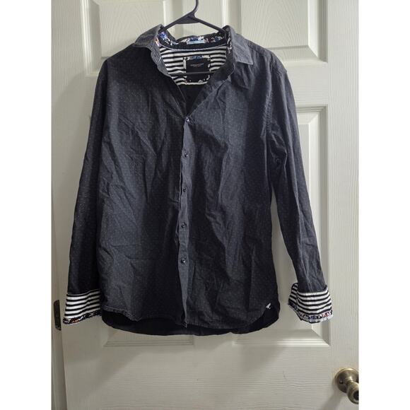 Denim & Flower Ricky Singh Long Sleeve Button Up Shirt Black w/Dots Cuff stripe - Picture 1 of 7